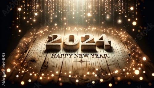 Happy New Year 2024 : Engraved Celebration on a Rustic Wooden Table