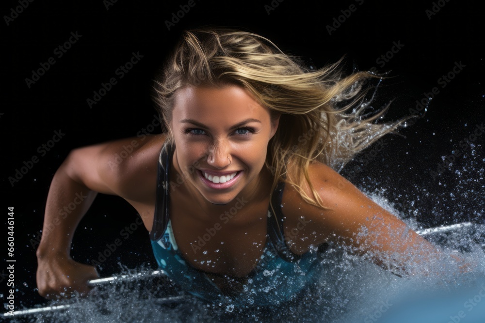 Three-quarter studio portrait photography of a determined girl in her 20s doing water skiing in the sea. With generative AI technology