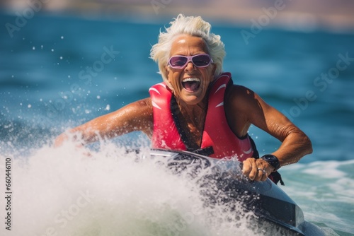 Sports portrait photography of a handsome mature woman doing water skiing in the sea. With generative AI technology © Markus Schröder