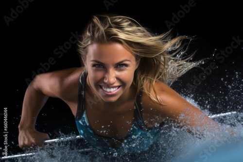 Three-quarter studio portrait photography of a determined girl in her 20s doing water skiing in the sea. With generative AI technology