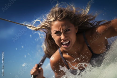 Three-quarter studio portrait photography of a determined girl in her 20s doing water skiing in the sea. With generative AI technology