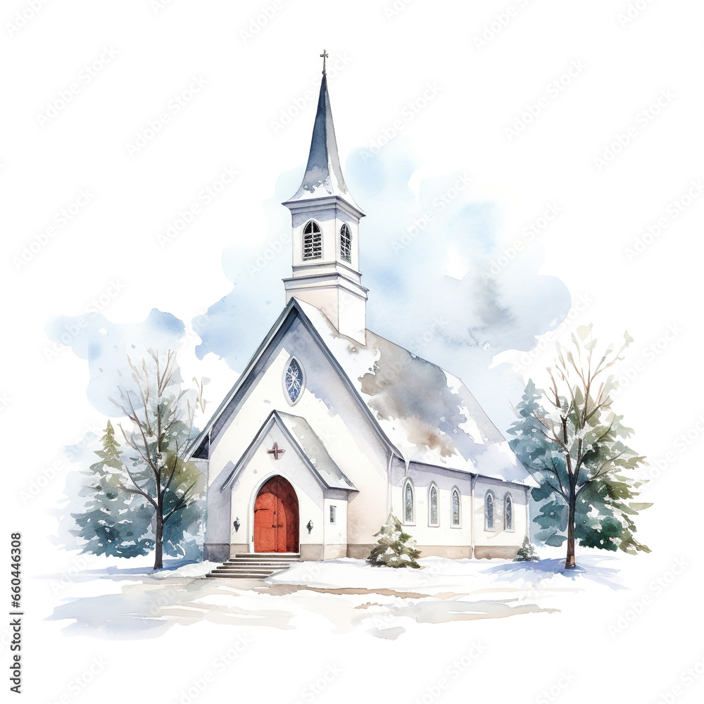 Winter Church For Christmas Event. Watercolor Style. AI Generated