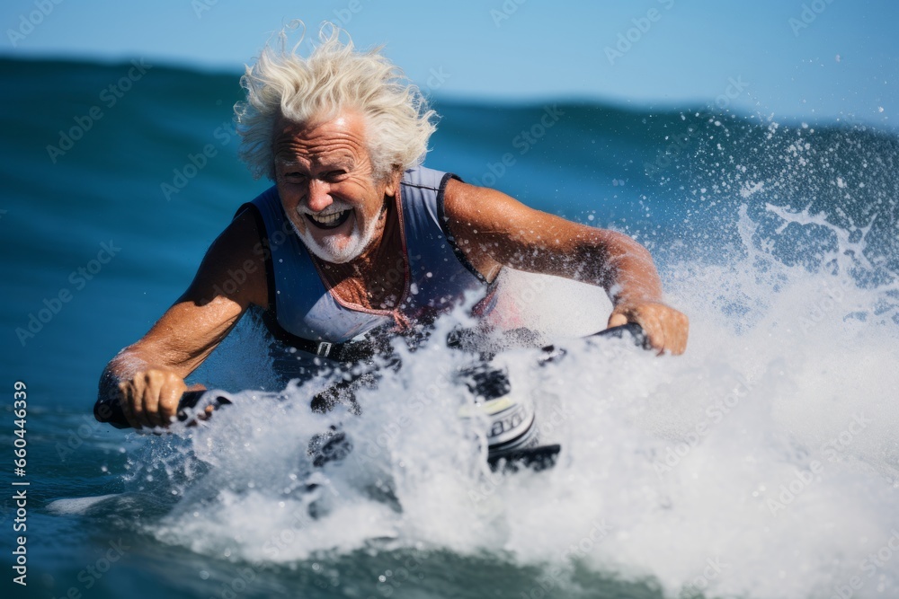 Studio portrait photography of a relaxed old man doing water skiing in the sea. With generative AI technology