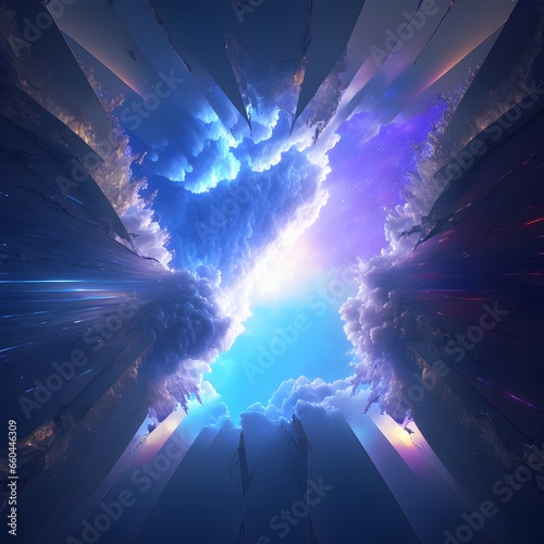 This is a surreal and complex cg rendering looking down on the transparent and blue universe rainbow light soft and smooth clouds smooth clouds rays beams Tindal effect cg3d effect clean and 