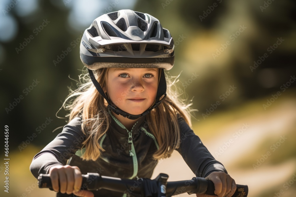 Close-up portrait photography of a relaxed kid female practicing mountain biking. With generative AI technology Close-up portrait photography of a relaxed kid female practicing mountain biking. With generative AI technology