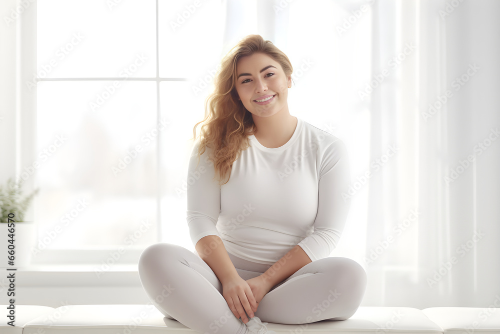 Happy chubby girl sitting in living room. People emotions lifestyle, plus size concept. Generative Ai Happy chubby girl sitting in living room. People emotions lifestyle, plus size concept. Generative Ai