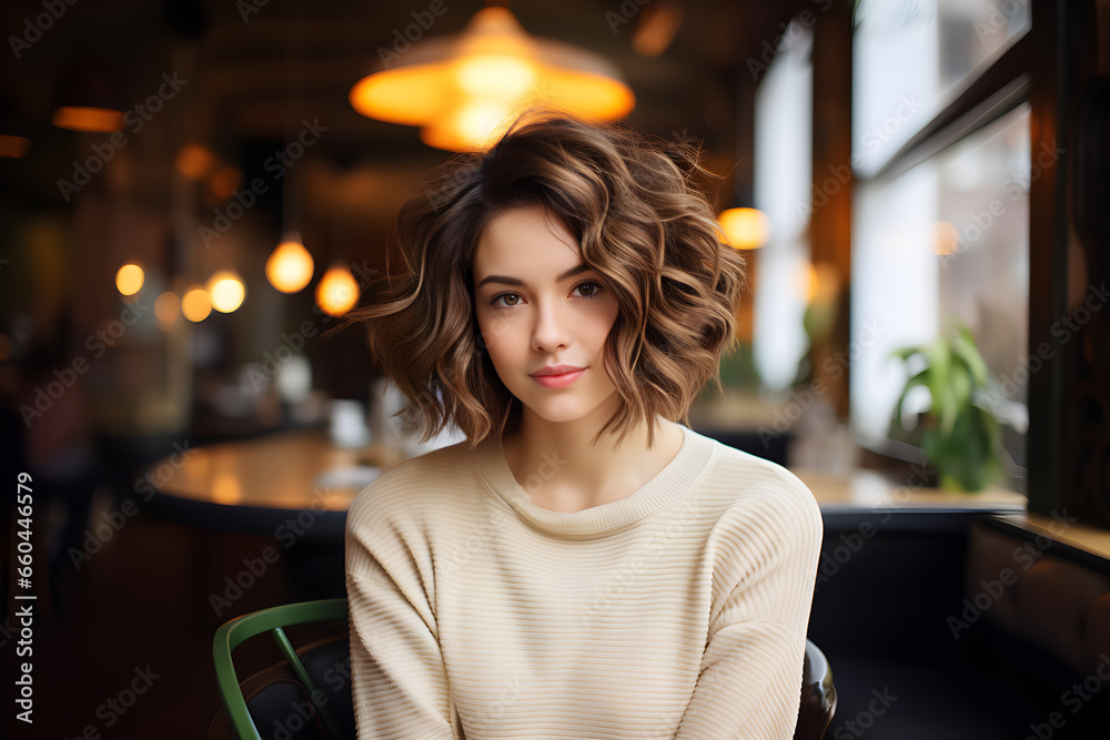 A fashionable happy Caucasian teenager woman with curly hair sitting in cafe on weekend. Generative Ai