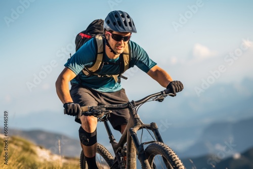 Lifestyle portrait photography of an active boy in his 30s practicing mountain biking. With generative AI technology