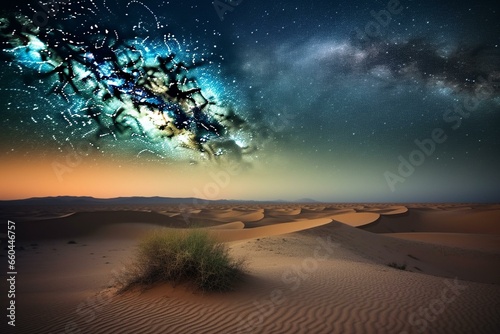 Scenic desert with dunes under a starry sky. Generative AI