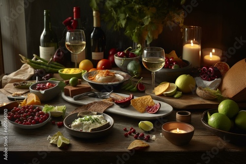 A meal with limes, chilis, spices, wine, and more on a table. Generative AI