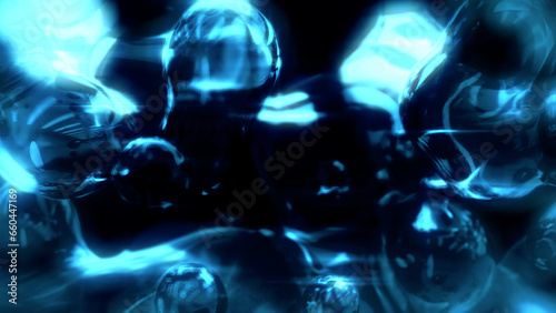 electric blue lighting pellucid crystal meta spheres on black - abstract 3D illustration