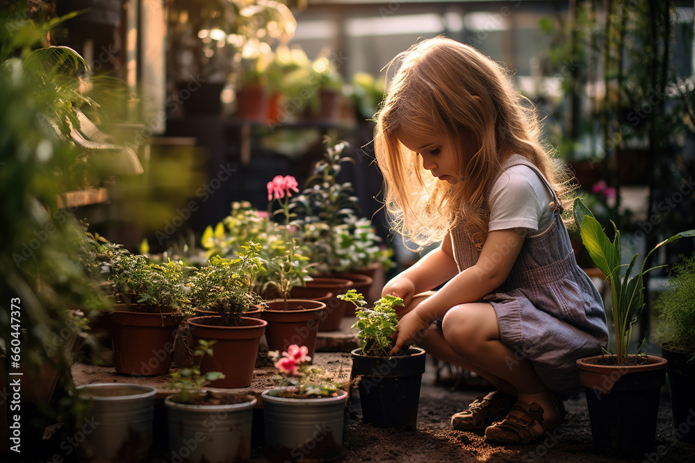 Young little girl planting plants in her home backyard garden
