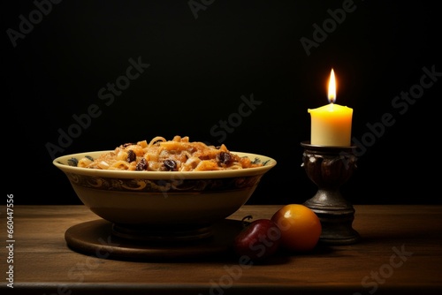 A bowl of food with a lit candle, accompanied by a candle holder holding another lit candle. Generative AI