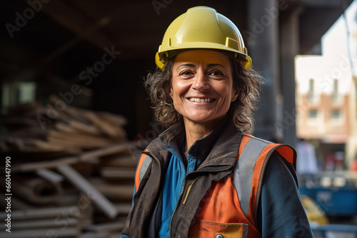 woman working on a construction site, construction hard hat and work vest, smiling, middle aged or older photo