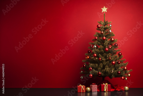 illustration of christmas tree on red background. Created with Generative AI