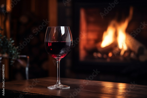 illustration of red wine glass with fireplace in background. Created with Generative AI
