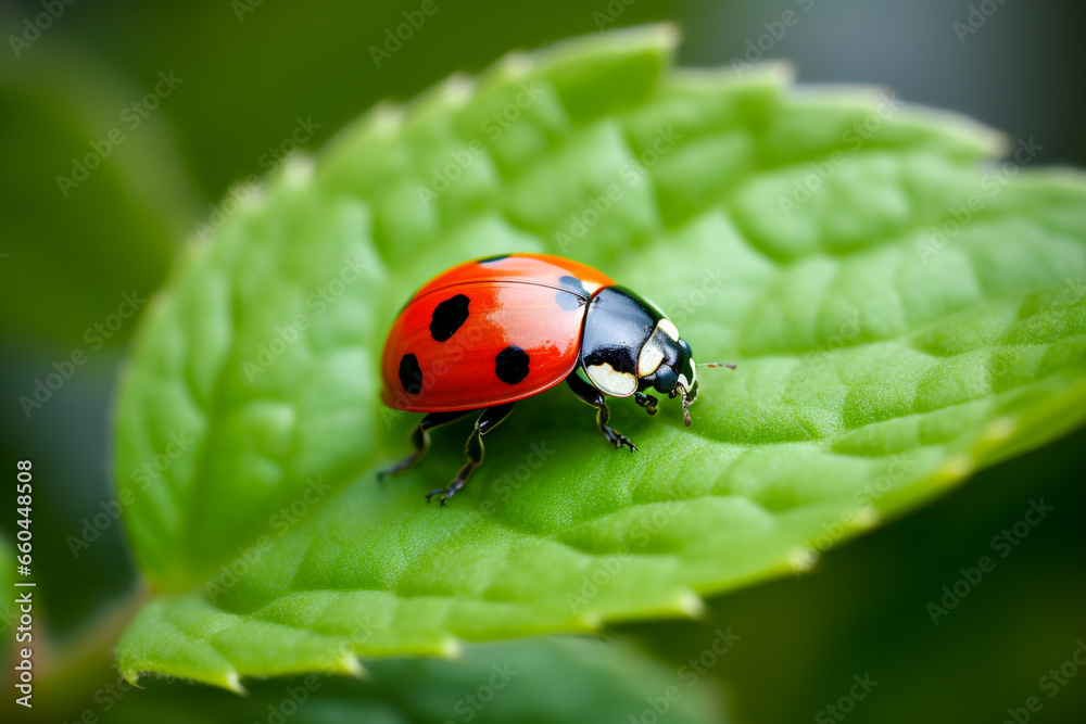 illustration of ladybug on a green leaf. Created with Generative AI illustration of ladybug on a green leaf. Created with Generative AI