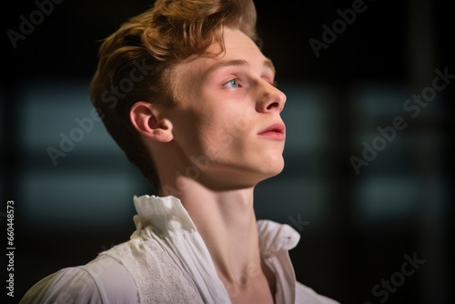 Close-up portrait photography of a relaxed boy in his 30s practicing ballet in a studio. With generative AI technology