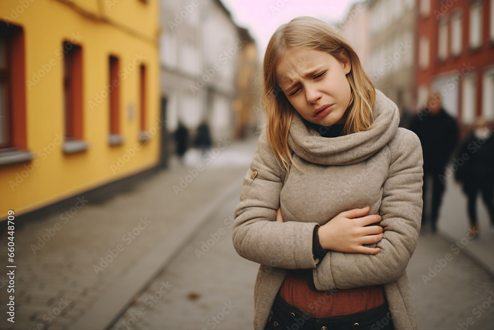 Fototapeta premium child girl have stomach ache