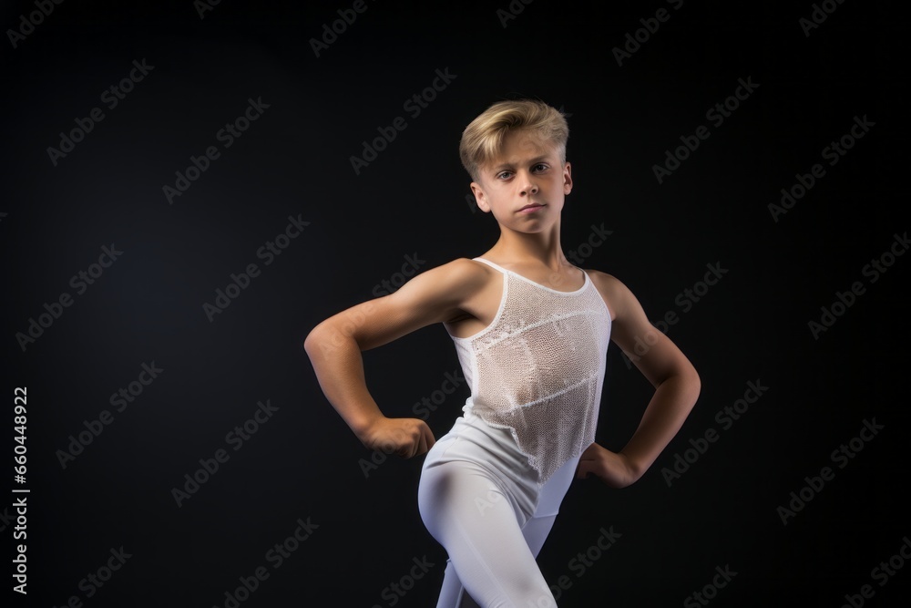 Three-quarter studio portrait photography of a focused boy in his 30s practicing ballet in a studio. With generative AI technology