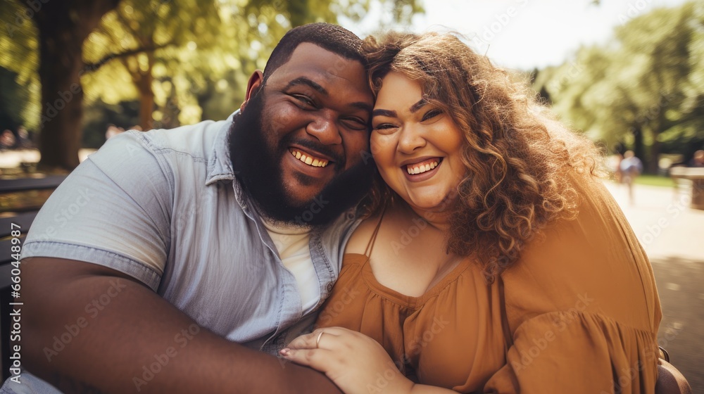 Plus-Size Love in Autumn- A Joyful Couple's Selfie on a Park Bench Plus-Size Love in Autumn- A Joyful Couple's Selfie on a Park Bench