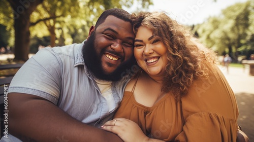 Plus-Size Love in Autumn- A Joyful Couple's Selfie on a Park Bench