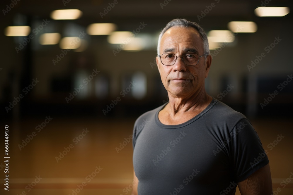 Headshot portrait photography of a drained mature man practicing ballet in a studio. With generative AI technology