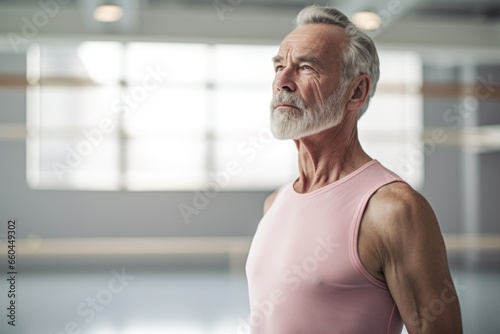 Photography in the style of pensive portraiture of a satisfied mature man practicing ballet in a studio. With generative AI technology