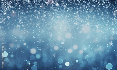 Serene winter scene with gentle snowflakes and ethereal bokeh against a deep blue sky.