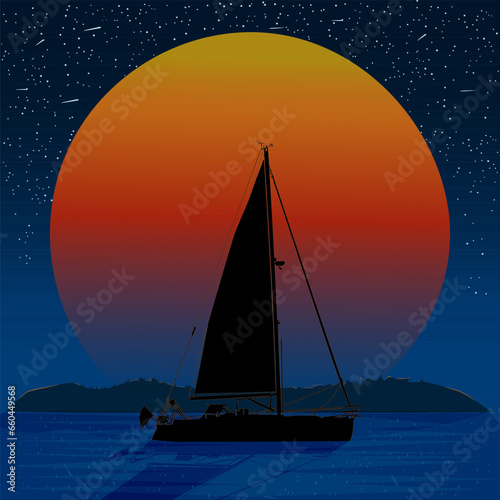Sunset sea and sailboat. Orange sun, blue ocean, silhouette of island and yacht on starry sky background. Night seascape. Sail boat stays near the island full moon night. Stock vector illustration