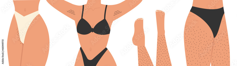 Woman unshaved hairy body illustration set. Body positive - obrazy, fototapety, plakaty 