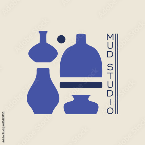 Minimalist logo illustration with ancient ceramic vases. Pottery workshop, mud studio.