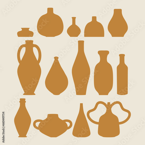 Minimalist ancient ceramic vases illustration set. Contemporary art