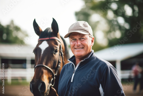 Headshot portrait photography of an active mature man horse riding in a riding school. With generative AI technology © Markus Schröder