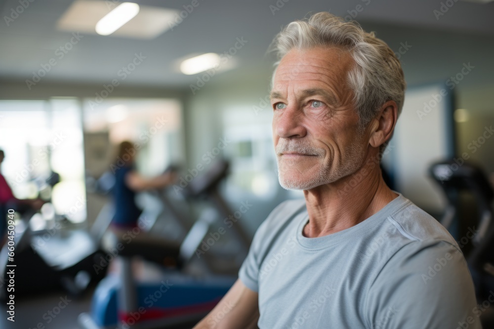 Photography in the style of pensive portraiture of a focused mature man doing physical rehabilitation exercises in a rehabilitation center. With generative AI technology Photography in the style of pensive portraiture of a focused mature man doing physical rehabilitation exercises in a rehabilitation center. With generative AI technology