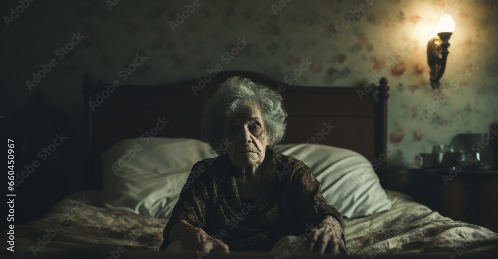 Single elderly person looking through window glass standing alone at home.