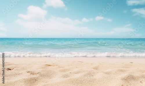 Serene beach landscape with glistening sand, gentle ocean waves. © Lidok_L