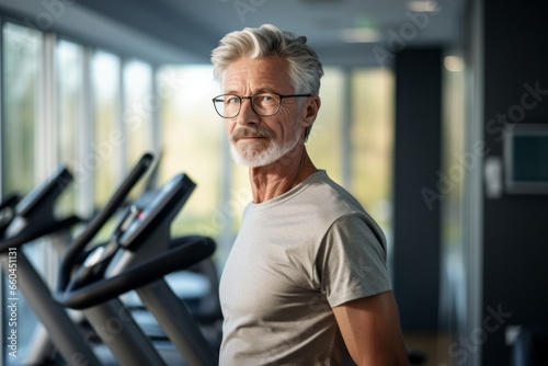 Photography in the style of pensive portraiture of a focused mature man doing physical rehabilitation exercises in a rehabilitation center. With generative AI technology