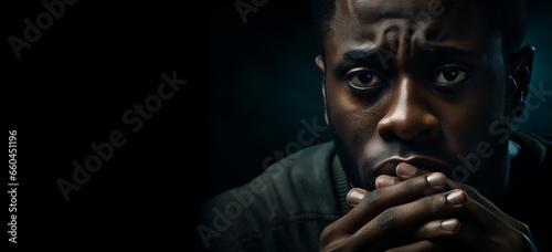 The Pain of Depression: A Portrait of a Black Man in anxiety, depicting a sad depressive state, depression concept text copyspace banner background
