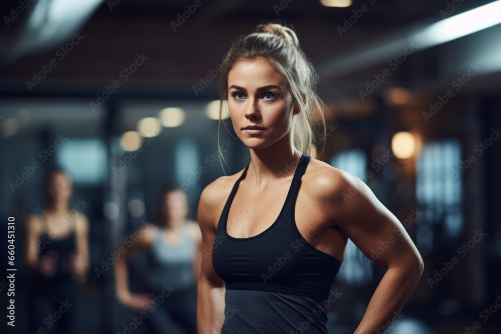 Fototapeta premium Sports portrait photography of an active girl in her 20s doing body pump exercises in a gym. With generative AI technology