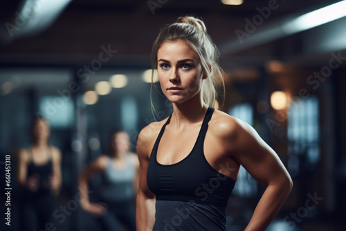 Sports portrait photography of an active girl in her 20s doing body pump exercises in a gym. With generative AI technology