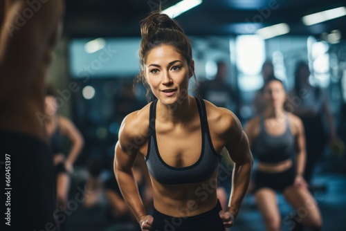 Sports portrait photography of an active girl in her 20s doing body pump exercises in a gym. With generative AI technology