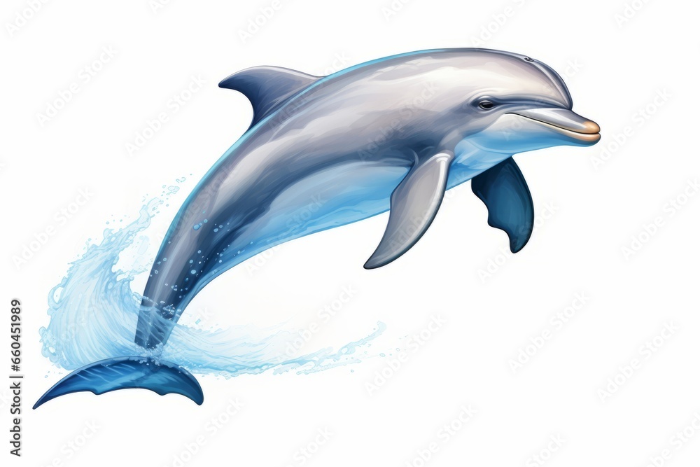 Fototapeta premium Cute dolphins jumping on a white background generative ai