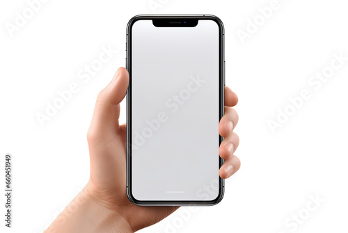 Male hand holding smartphone with blank screen mockup isolated on transparent background PNG, clipping path