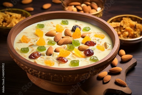 Delicious dessert from India & Asia, kheer payasam with dry fruits on a colorful wooden background, popular on Eid festival. Generative AI photo