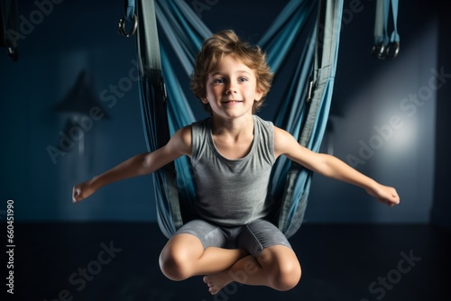 Three-quarter studio portrait photography of a concentrated kid male doing aerial yoga in a studio. With generative AI technology
