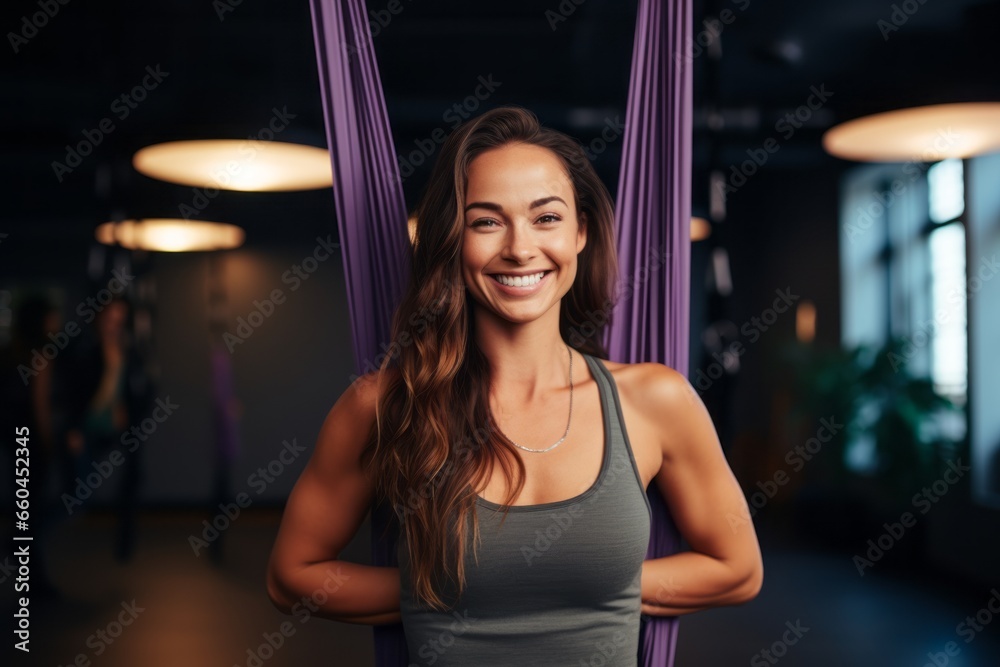 Headshot portrait photography of a relaxed girl in her 30s doing aerial yoga in a studio. With generative AI technology
