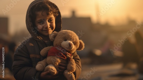 joy of a refugee child receiving their first toy in a new country.  photo