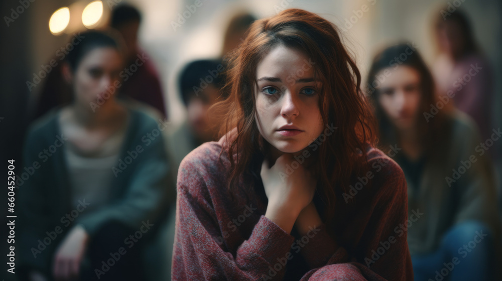 Depressed young, girl or boy sitting alone surrounded by people. Victim of school bullying. Stress and mental problem in childhood. Depressed young, girl or boy sitting alone surrounded by people. Victim of school bullying. Stress and mental problem in childhood.