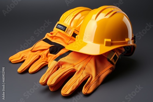 Construction worker's hard hat and work gloves, highlighting safety gear for the job site, Generative AI